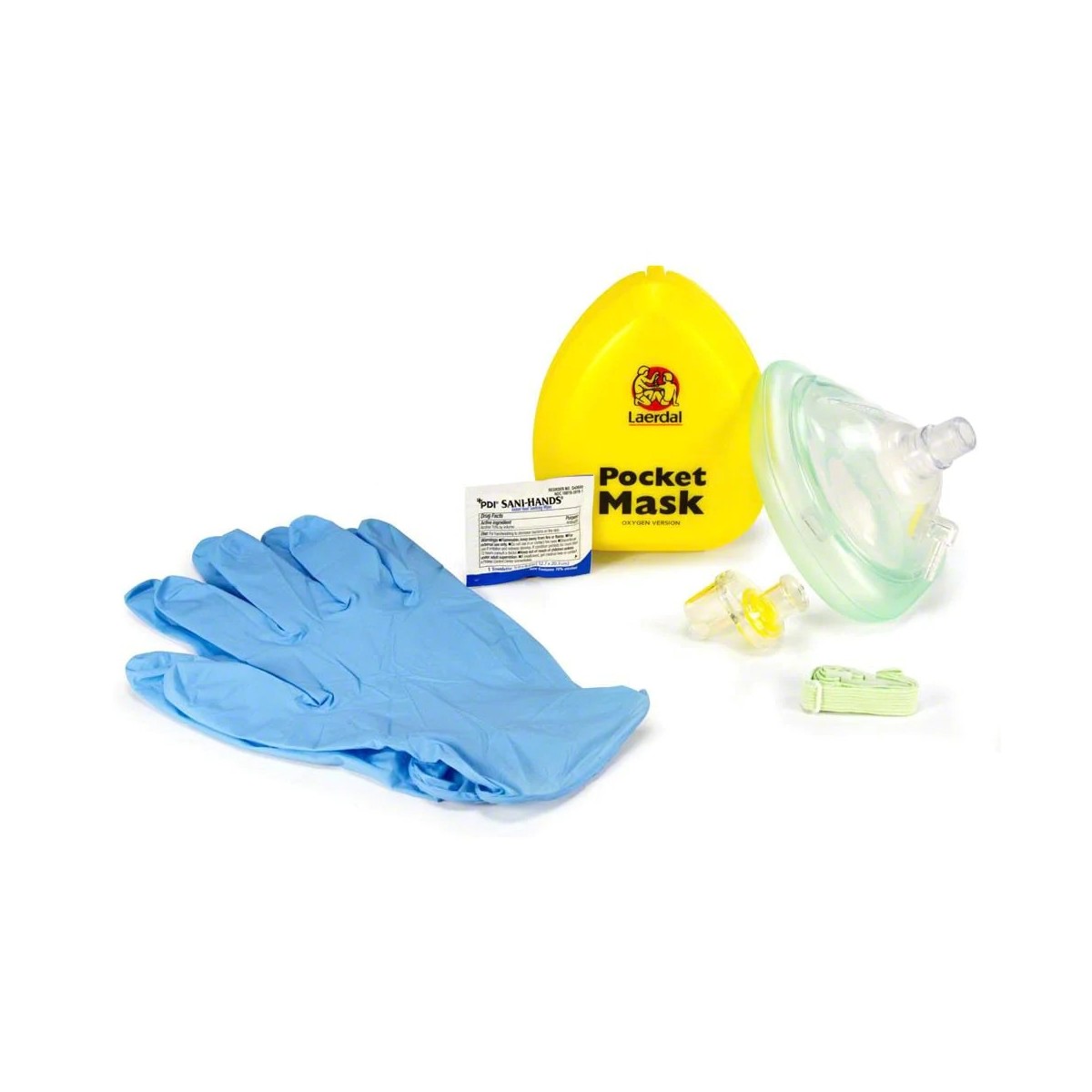Laerdal Pocket Mask w Oxygen Inlet & Head Strap w Gloves in Yellow Hard Case
