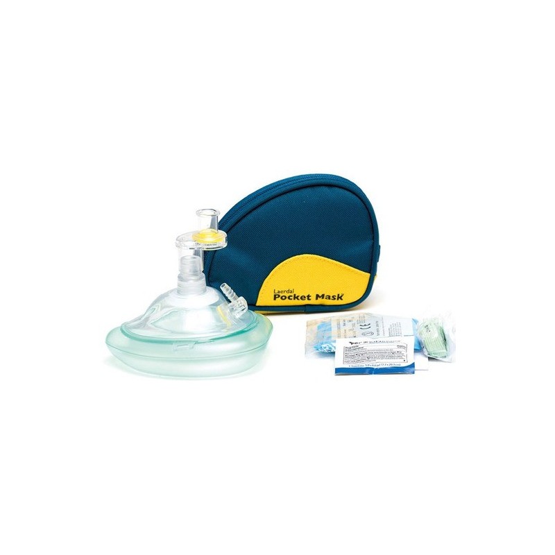Laerdal Pocket Mask w Oxygen Inlet & Head Strap w Gloves in Blue Soft Pack