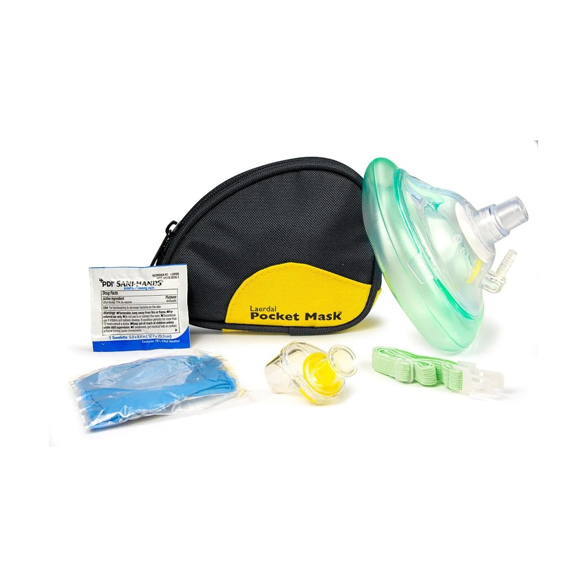 Laerdal Pocket Mask w Oxygen Inlet & Head Strap w Gloves in Black Soft Pack